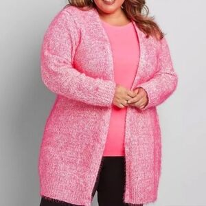 Lane Bryant Open Eyelash Yarn Cardigan Sweater  Pink/White